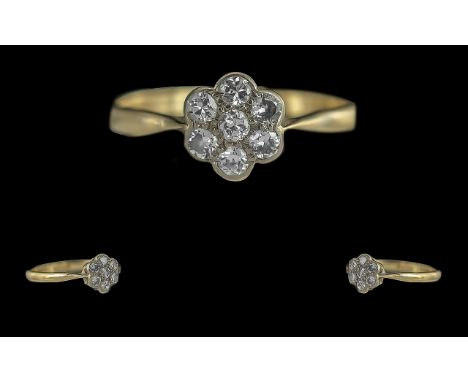 Antique Period Pleasing Quality Ladies 18ct Gold Diamond Set Cluster Ring - Tests 18ct. The Pave Set Diamonds (7) Of Excellen
