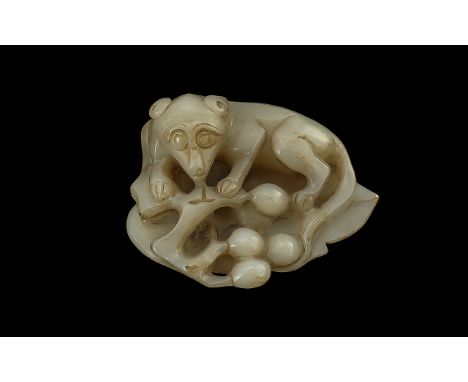 Chinese Late 19th Century Carved Jade Sculpture of a Mythical Figure, Resting on a Lily Pod / Laves. Weight 128.1 grams. 3 In