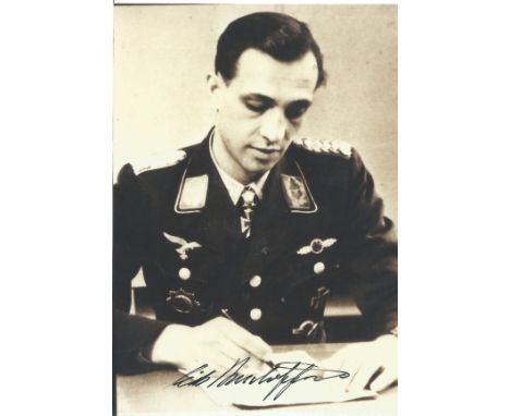Erich Rudorffer WW2 Luftwaffe ace signed 6 x 4 b/w portrait photo. Good Condition. All signed items come with our certificate