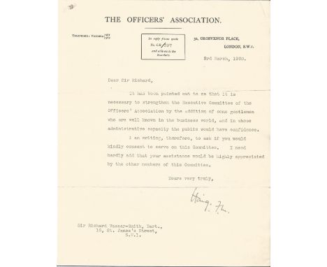 Field Marshal Haig signed 1920 typed letter on Officers Association letterhead to Sir Richard Vasser Smith regarding strength
