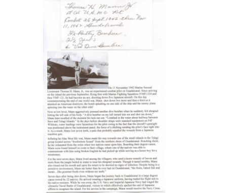 Signature of Lieutenant Colonel Thomas H. Mann USMC ace in WWII. Good Condition. All signed items come with our certificate o