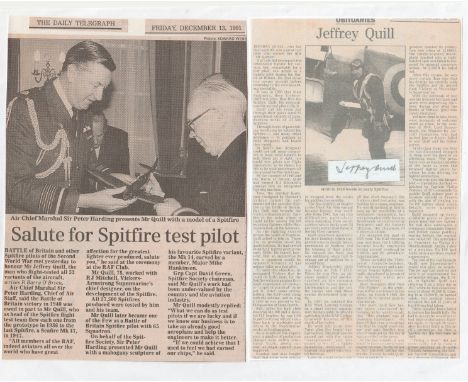 Signature and Obituary of Jeffrey Kindersley Quill AFC the pre-WWII Test Pilot who famously test flew the Spitfire and taught