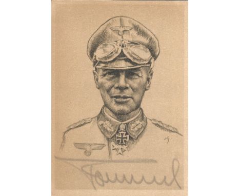 Field Marshall Erwin Rommel signed 6 x 4 sepia postcard of a pencil portrait sketch in Uniform. Erwin Rommel (15 November 189