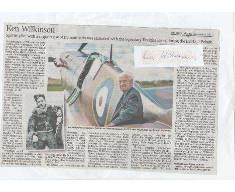 Battle of Britain Signature and Obituary of Flying Officer Kenneth Astill Wilkinson 616 & 19 Squadrons Battle of Britain. Plu