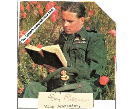 Guy Gibson WW2 Dambuster Raid leader small signature piece clipped from a letter attached to small photo. Rare. Wing Commande