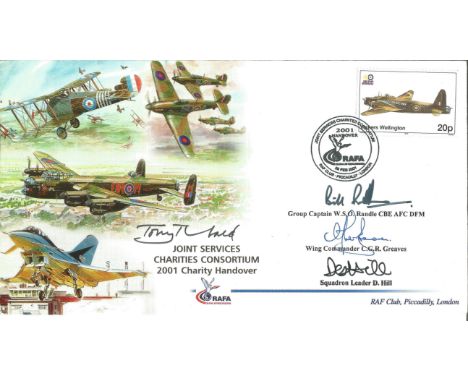  Grp. /Capt. W. S. 'Bill' Randle CBE, AFC, DFM, Wg. /Cdr. C. G. R. Greaves and Sqn. /Ldr. D. Hill signed RAF flown cover. Joi