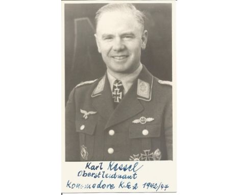 Karl Kessel CO KG2 1942/44 WW2 Luftwaffe ace signed 6 x 4 b/w portrait photo. Good Condition. All signed items come with our 