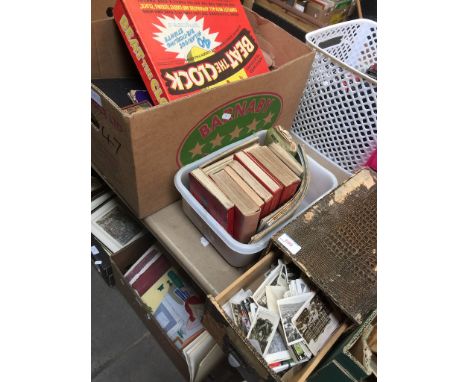 BOX OF PHOTO CARDS, TUB OF MAS AND BOX OF VINTAGE GAMES   T1