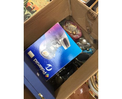 BOX OF CUTLERY AND BRIC A BRAC AND POLAROID CAMERA   T1