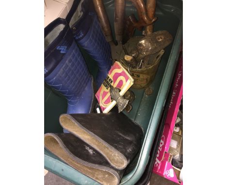 BOX CONT. 2 PAIRS OF WELLINGTONS & TOOLS