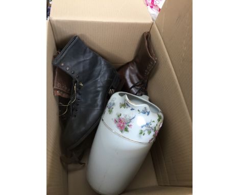 A BOX WITH VINTAGE LEATHER ICE SKATES AND WATER JUG