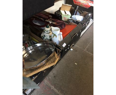 3 BOXES OF BRIC A BRAC, KITCHEN WARE, CAMERA, BAGS ETC   C1