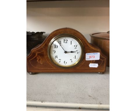 AN INLAID MANTLE CLOCK P4CONDITION: CURRENTLY WORKING ALTHOUGH NOT SOLD WITH ANY GUARENTEES, FEW KNOCKS AND MINOR CHIPS TO WO