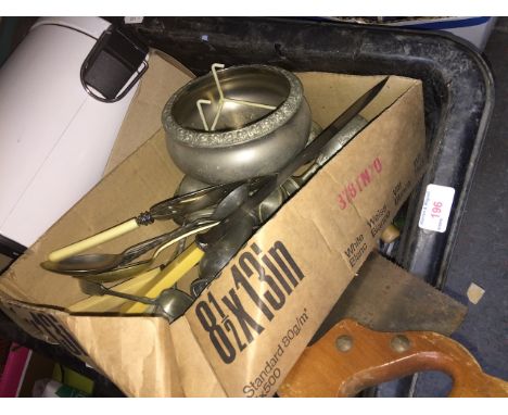 BOX OF METAL WARE, TOOLS ETC.