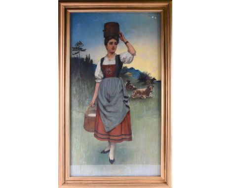 20th century Continental school, a full length portrait of a milkmaid, in traditional rural dress and carrying pails of milk,