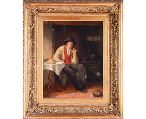James Kyd (act. 1855-1875), a portrait of a man, seated beside a kitchen stove, a pipe in his mouth and a sleeping cat at his