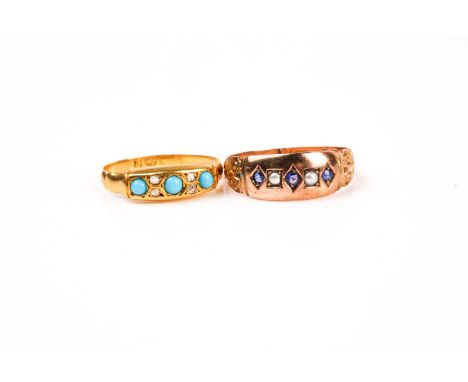 A Victorian 18ct yellow gold and turquoise ring with diamond accents, size L, together with a 9ct rose gold, sapphire, and sp