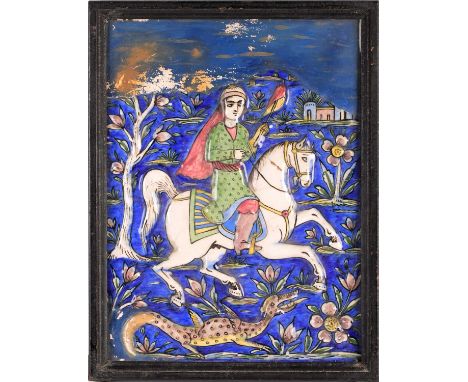 A large Persian pottery tile, Qajar, late 18th/19th century, moulded in relief with a man on horseback amongst moulded and pa