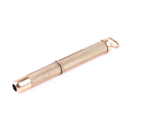 A 9ct yellow gold engine-turned toothpick, closed 4.7 cm long, open 7.5 cm long.Condition report: 6.9 grams.