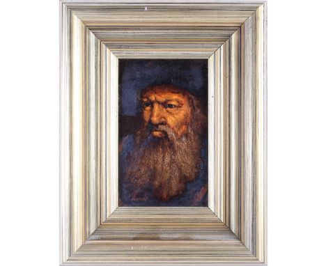 Ken Moroney (1949-2018) British, a portrait of an elderly bearded man, oil on board, signed to lower left corner, 18 cm x 11 