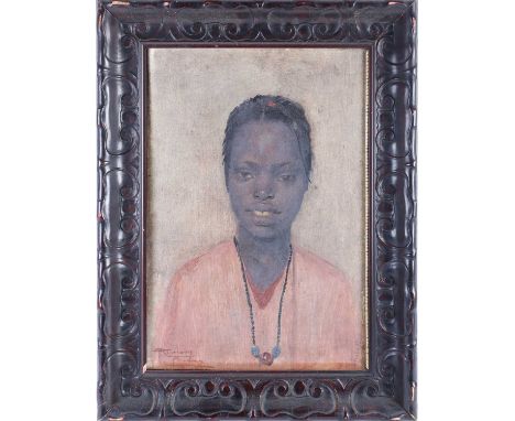 20th century School, a head and shoulders portrait of an African girl, indistinctly signed, oil on canvas, 39 cm x 26 cm in a