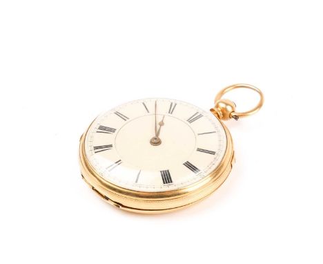 A Victorian 18ct yellow gold lever pocket watch, the white enamel dial with black Roman numerals, with engine turned case bac