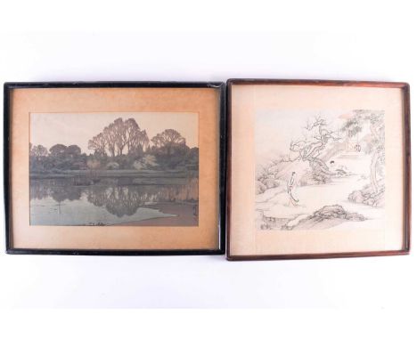 A Chinese watercolour, Qing, 18th/19th century, painted with a recumbent Lu Dongbi watching over Guanyin who holds a blossomi