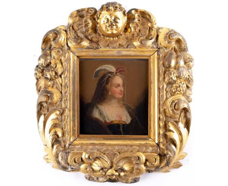 An 18th century portrait of a noblewoman, oil on panel, 15.5 cm x 14 cm, in a scrolling gilt frame with cherub mask to the to