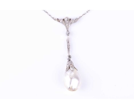 A Belle Epoque natural pearl and diamond pendant, the tear drop shaped pearl with a rose diamond-set cap,from an articulated 
