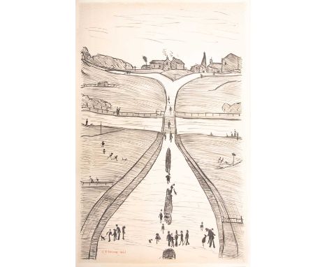 Laurence Stephen Lowry (1887-1976) British, 'Village on a Hill', lithographic print, 1966, signed and dated in red felt-tip p