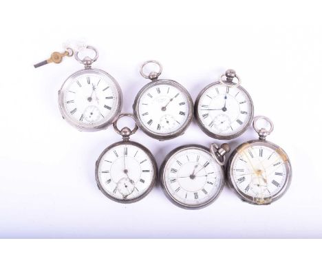 Six silver cased pocket watches, five key wound, one crown wound, all with white enamel dials.Qty: 6