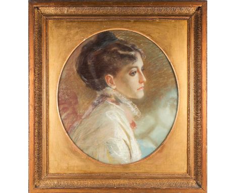 Late 19th or early 20th century English school, head shoulders oval profile portrait of a lady, pastel, unsigned, 49 cm x 44 