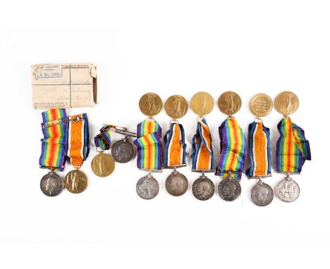 Eight pairs of World War I Victory and War medals, awarded to 124010 GNR. A. Boynton R.A.; 37691 PTE. W.Smith E.Lan.R.; 26523