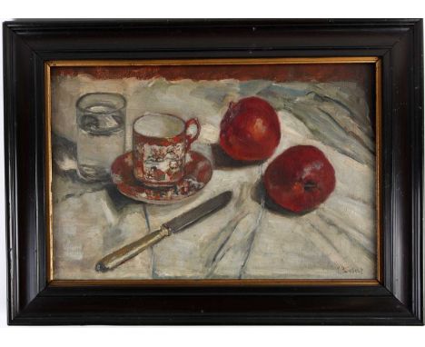 Late 19th century school, a still life study of fruit, glass of water, chinoiserie coffee can and saucer and table knife, oil