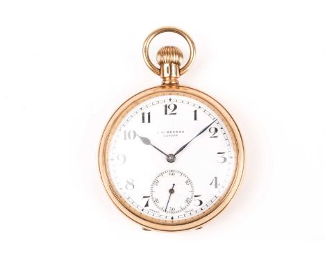 A J W Benson of London 9ct yellow gold open face pocket watch, the white enamel dial with black Arabic numerals and subsidiar