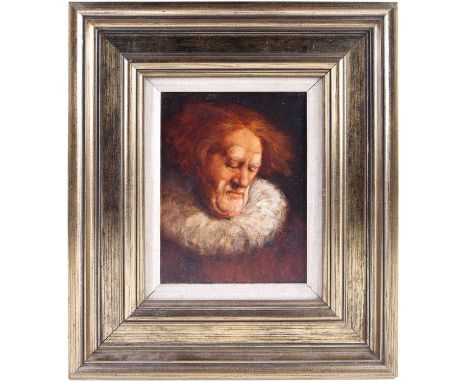 Ken Moroney (1949-2018) British, 'Clown Portrait', oil on canvas, signed and dated 1977, 21.7 cm x 16.5 cm in a gilt frame.