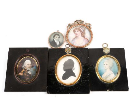 Four 19th century portrait miniatures on ivory, to include a naval officer in uniform, 8cm x 6.5cm, a gentleman 5.5cm x 4.5cm