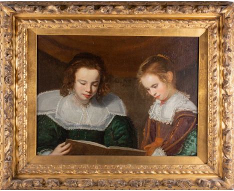 18th century school, a portrait study of two young children reading a book, oil on canvas, 45 cm x 60 cm in an ornate, carved