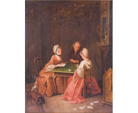 Circle of Nicolas Bernard Lépicié (1735-1784), three figures seated and playing cards, a dog to the foreground, oil on canvas