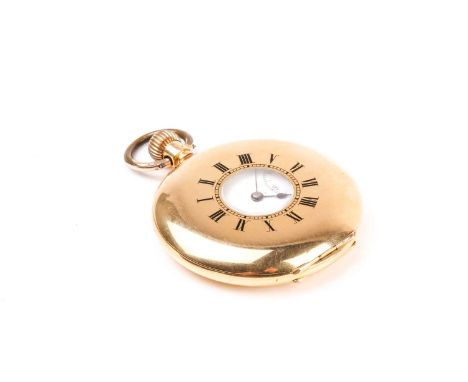 An 18ct yellow gold half hunter pocket watch, the outer case with enamel black Roman numerals, the white enamel dial with bla