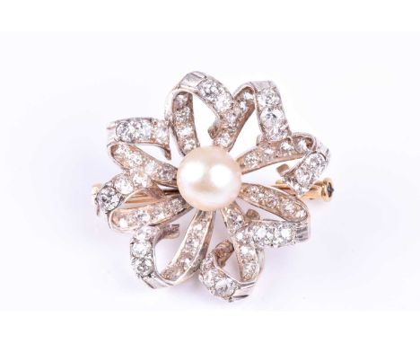 A diamond and natural pearl bow brooch, the central pearl within an openwork bow set with mixed old cut diamonds, 3cm diam, a