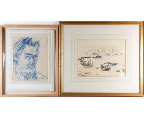 Chatin Sarachi (Albanian, 1899-1974) 'Tug and moored boats', crayon on paper, together with a portrait by the same artist, bo