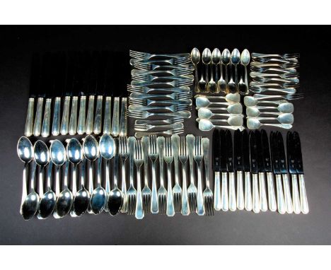 A suite of Italian silver flatware, twelve place setting comprising table forks, table knives, tablespoons, salad servers, ca