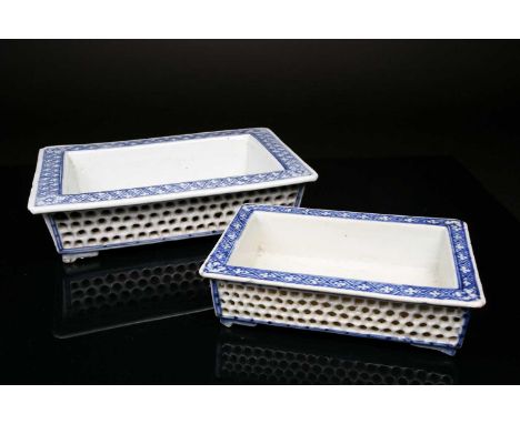 Two Japanese porcelain Bonsai planters, late Meiji/Taisho period, possibly Hirado, each of rectangular form with re-entrant c