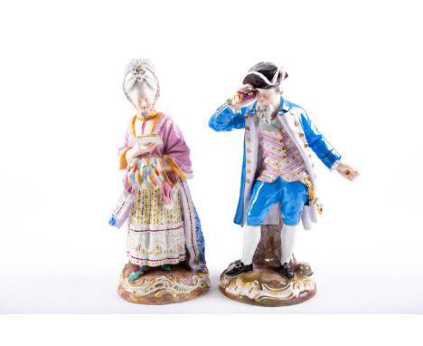 A pair of Meissen figures of the Racegoer and his companion, 19th century, he dressed in a blue suit, holding his spyglass to