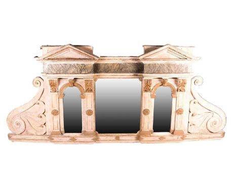 A large French architectural form mirror, 19th century, with twin pointed arch pediments above a hand painted faux marble fri