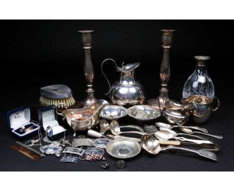 A mixed group of silver and white metal items, to inlcude flatware, cream jugs, a sauce boat, decanter labels, water jug, a v
