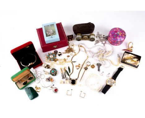 A group of costume jewellery items, to include various necklaces, brooches, bracelets, a ladies wristwatch, a small pair of m