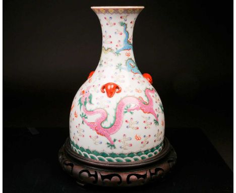 A Chinese five dragon mallet shape vase, the everted rim with ruyi head border above five polychrome enamel imperial style dr