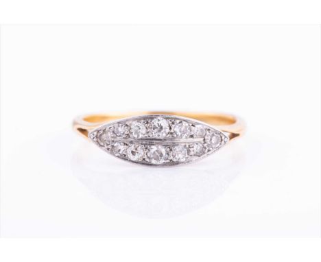 An 18ct yellow gold and diamond ringthe navette-shaped mount pave-set with round brilliant-cut diamonds, size P, 2.8 grams.